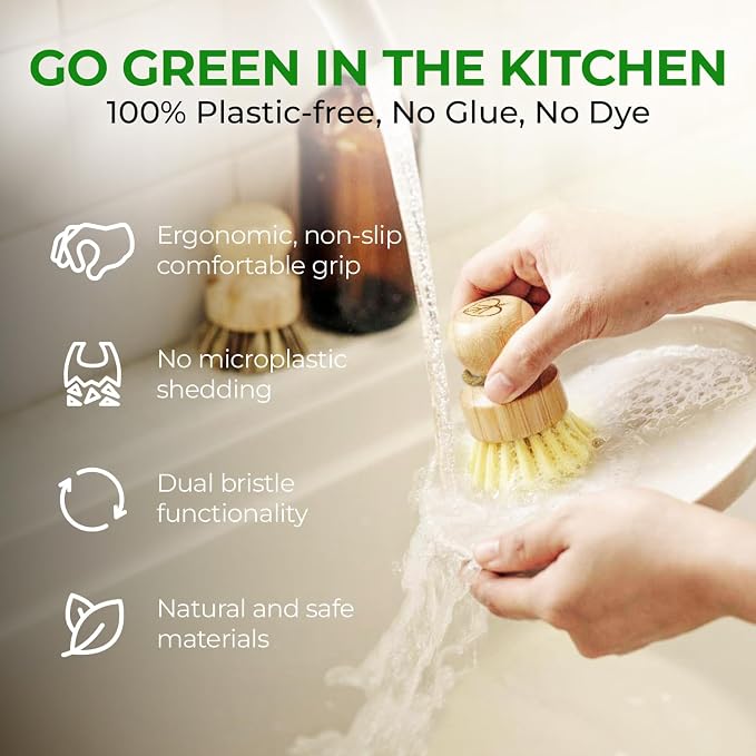 AIRNEX Bamboo Dish Brush Set of 2 - Natural Wooden Dish Scrubber with Sisal & Coconut Bristles - Plastic Free Kitchen Scrub Brush for Dishes, Sink, Pots & Pans - Non Scratch Kitchen Dish Brush
