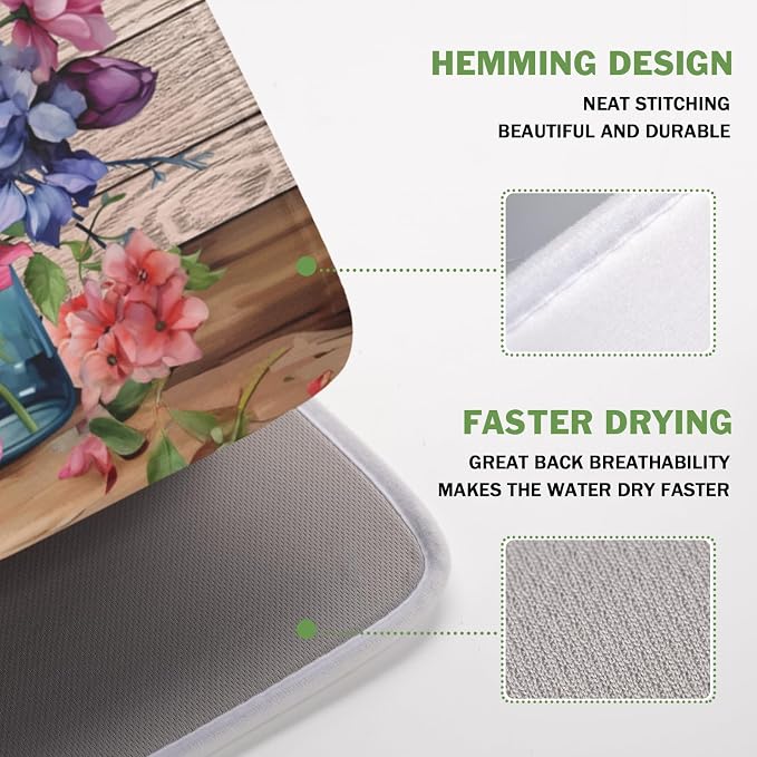 Purple Floral Wooden Board Dish Drying Mat 16x18 Inch | Vases，Vintage，Polyester，Absorbent Microfiber，for Kitchen Coffee Dining Bar Decor