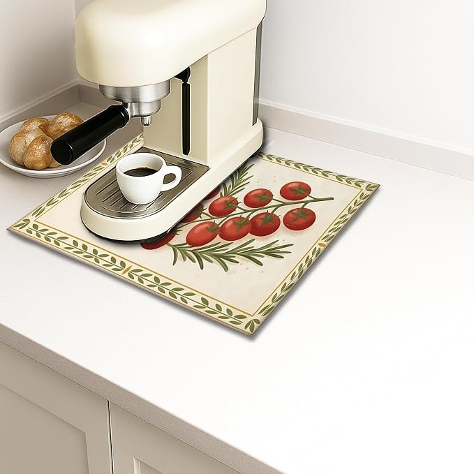 Tomatoes Herb Dish Drying Mats for Kitchen Counter, Rustic Red Tomatoes Absorbent Dish Drainer Rack Mat, Seasonal Farmhouse Microfiber Drying Pad for Kitchen Counter Decor 16x18 Inch