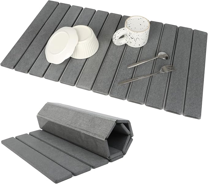 Extra Large Stone Dish Drying Mat for Kitchen Counter, 28"×16" Eco-friendly,Instant Drying Pad,Diatomaceous Earth Water Absorbing Mat, Foldable and Super Absorbent Dish Drying Stone Mat, Dark Gray