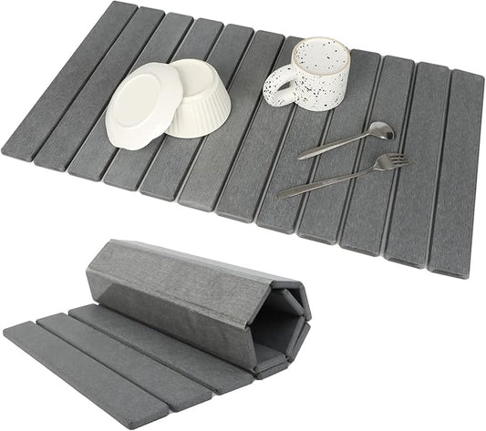 Extra Large Stone Dish Drying Mat for Kitchen Counter, 28"×16" Eco-friendly,Instant Drying Pad,Diatomaceous Earth Water Absorbing Mat, Foldable and Super Absorbent Dish Drying Stone Mat, Dark Gray