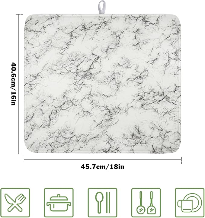 White Grey Marble Dish Drying Mat for Kitchen Counter Modern Marble Pattern Microfiber Dish Drainer Mat Absorbent Washable Drying Pad 16"x18"