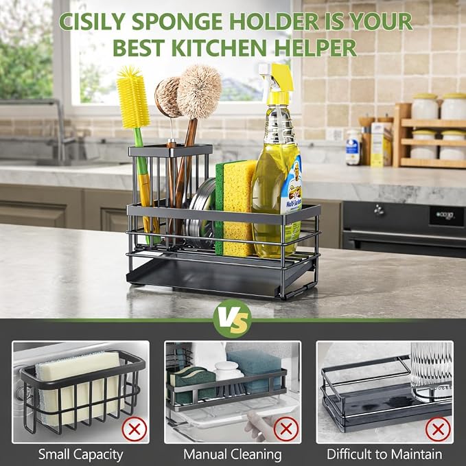 Cisily Sink Caddy Sponge Holder for Kitchen with Brush Holder and Stainless Steel Self Drain Tray, Rustproof Kitchen Sink Organizer for Sponge, Soap Dispenser Storage Accessories