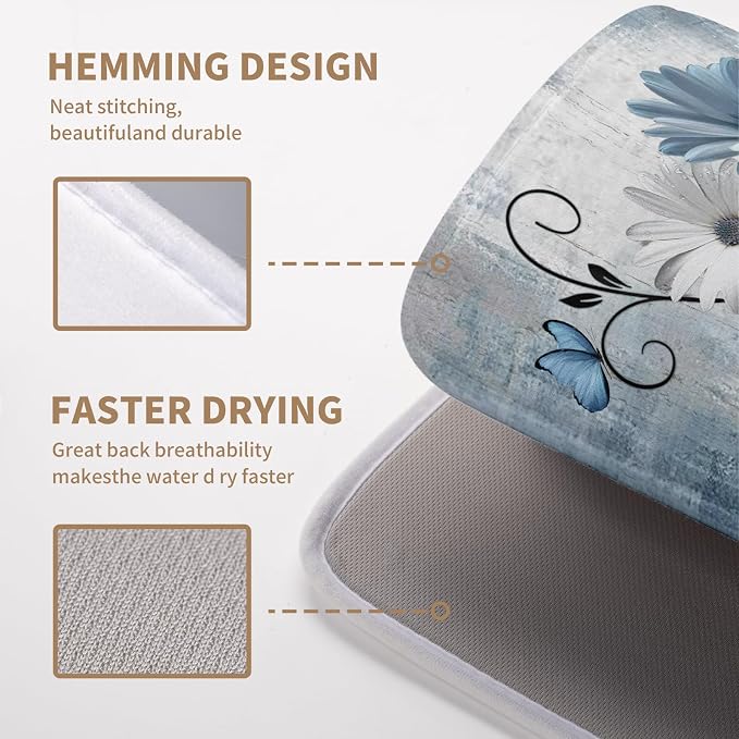 Dish Drying Mat for Kitchen Counter 16x18 Inch Blue Grey Daisy Drying Pads Rustic Vintage Floral Dish Dry Mat Microfiber Absorbent Farmhouse Dish Drainer Mat Flowers Dish Drainer Rack Mat
