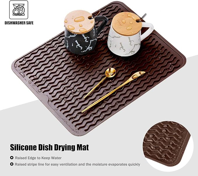 Silicone Dish Drying Mat, Non-Slip Easy Clean Sink Mat Large Heat-resistant Dish Drainer Mat for Kitchen Counter, Sink, Refrigerator or Drawer liner (12" x 12", COFFEE)