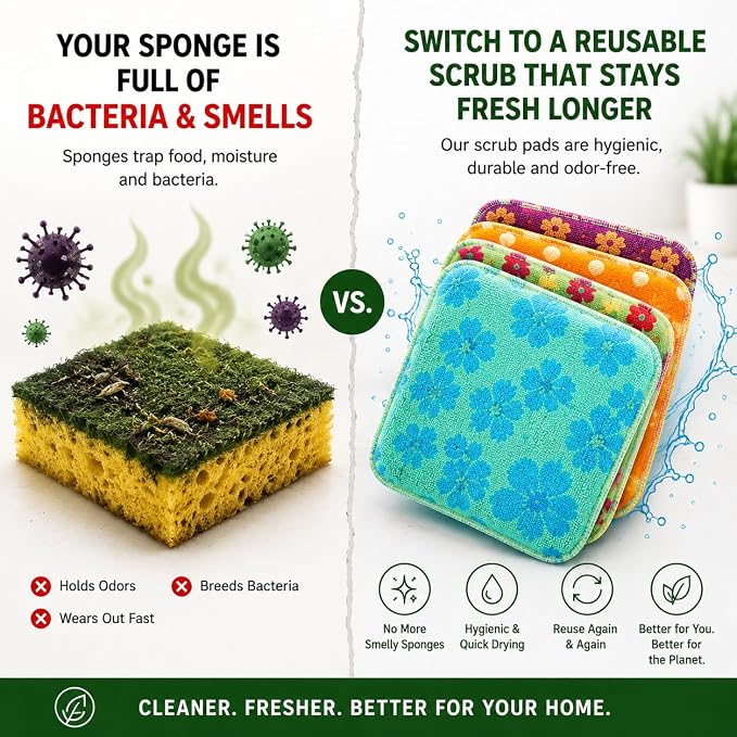 Reusable Dish Scrubbers (4 Pack) – Odor-Free Sponge Alternative, Non-Scratch Kitchen Scrubber for Dishes, Pots & Pans – Long-Lasting, Eco-Friendly Cleaning Pads