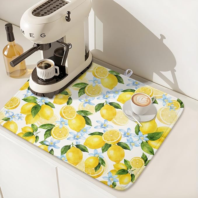 Kawani Lemon Dish Drying Mat 16x18 Inch Absorbent Reversible Summer Drying Mat Floral Lemon Fruits Dish Drying Rack Mat Yellow Summer Themed Dish Drainer Mat for Kitchen Counter Coffee Bar