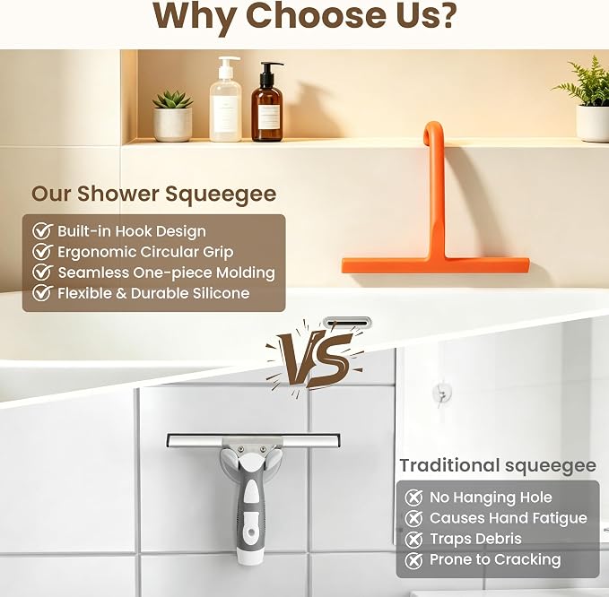 10 Inch Silicone Shower Squeegee for Glass Doors, Streak-Free, Orange | No-Squeak Silicone Blade, Ergonomic Round Grip and Built-In Hook for Quick Daily Cleaning of Shower Glass, Tile and Windows
