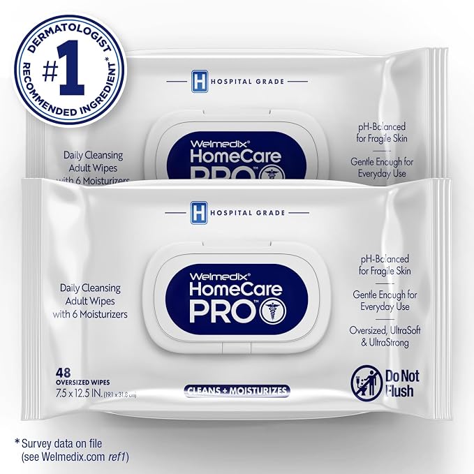Welmedix Adult Bathing Wipes - Oversized No Rinse Bath Wipes with Moisturizers, Hospital Grade Daily Cleansing Disposable Washcloths for Fragile Skin, XL 7.5” x 12.5” - 48 Count, 2 Pack