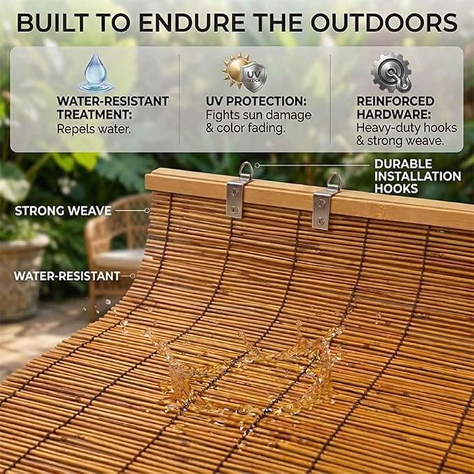Bamboo Roller Shades for Outdoor Patio, Blackout Roll Up Blinds Cordless Bamboo Blinds for Indoor Windows Waterproof Roman Reed Shades Porch Balcony Outside Privacy Sun Shade(70" W x 72" H)