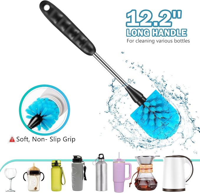 12.2 inch Bottle Brush Set of Three，Washable Coffee Cups, Water Bottles, Baby Bottles, Straws, to-go Cups, Long-Handled 3-in-1 Stainless Steel Bottle Brushes. (Blue)