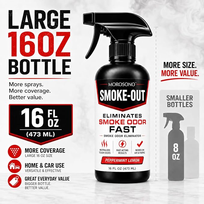 Smoke-Out Smoke Odor Eliminator Spray, 16 oz Peppermint Lemon Deodorizer for Car, Home, Clothes, Fabric, Cigarette, Cigar, Pet and Food Odors