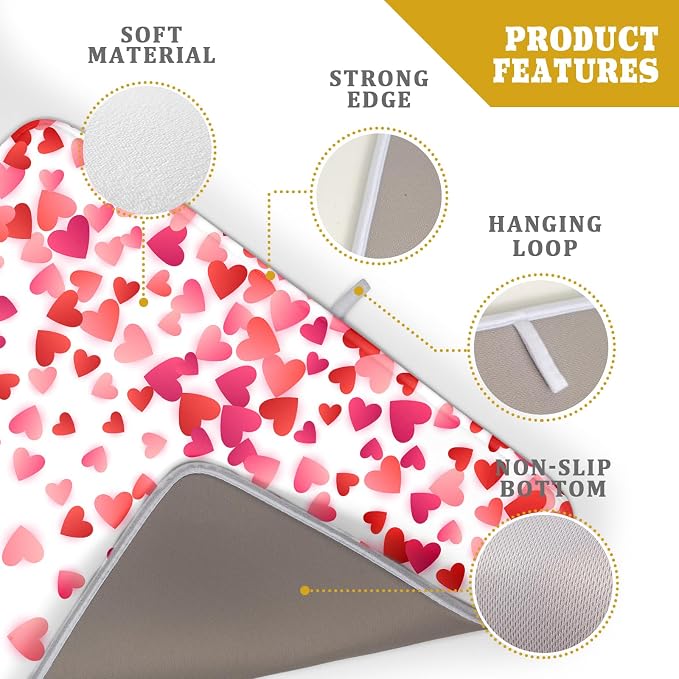 Valentine's Day Dish Drying Mat for Kitchen Counter Hearts Holiday Microfiber Absorbent Dish Draining Reusable Washable Foldable Extra Large 18"x24"