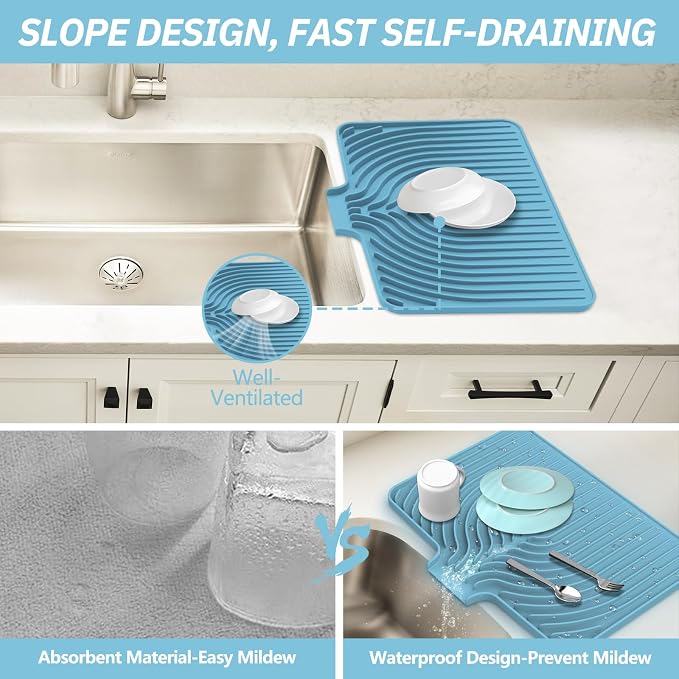 Dish Drying Mat for Kitchen Counter, with Built-in Drain Lip, Food-Grade Silicone, Easy Clean Pad for Countertop Protection, Multi-Functional Use (18x11.8, Light Blue)