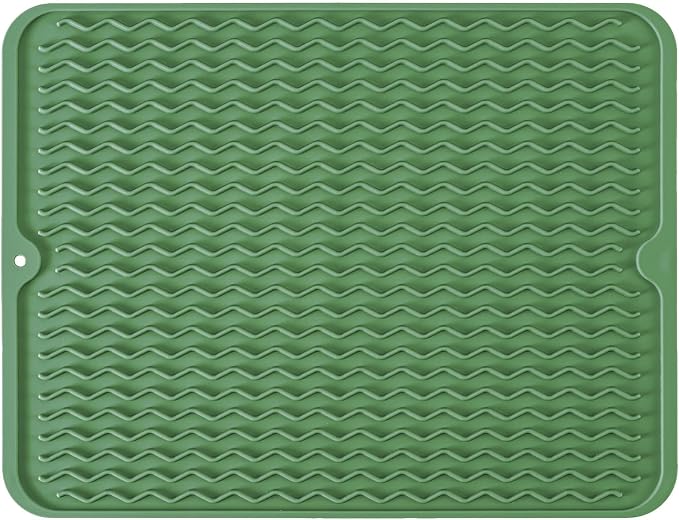 Large 14" x 11" Silicone Dish Drying Mat for Kitchen Counter, Easy clean, Quick Dry, Heat-resistant Dish Drainer Mat for Sink,Refrigerator or Drawer liner (Food Grade Silicone-Dark Green)