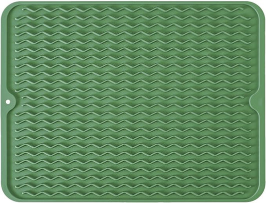 Large 14" x 11" Silicone Dish Drying Mat for Kitchen Counter, Easy clean, Quick Dry, Heat-resistant Dish Drainer Mat for Sink,Refrigerator or Drawer liner (Food Grade Silicone-Dark Green)