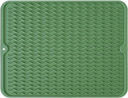 Silicone Dish Drying Mat for Multiple Usage, Easy clean, Eco-friendly, Heat-resistant Dish Drainer Mat for Kitchen Counter,Sink,Refrigerator or Drawer liner (18" x 16", Dark Green)