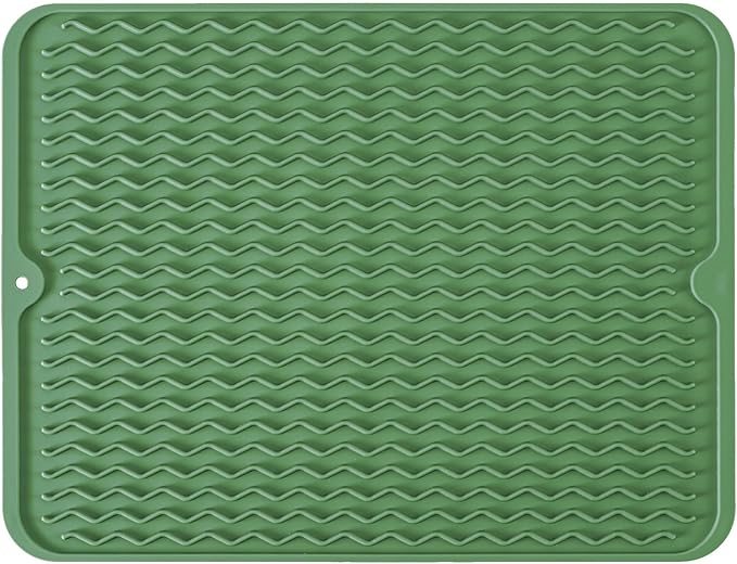 Silicone Dish Drying Mat for Multiple Usage, Easy clean, Eco-friendly, Heat-resistant Dish Drainer Mat for Kitchen Counter,Sink,Refrigerator or Drawer liner (16" x 12", Dark Green)