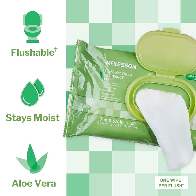 McKesson Flushable Adult Wet Wipes XL, Unscented, 144 Wipes (3 Pack of 48) | Aloe & Vitamin E, Plant-Based Cleansing Wipes, Gentle on Skin, Plant-Based Adult Cleansing Wipes