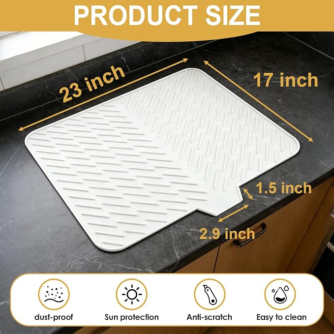 Silicone Dish Drying Mat 23x17,Food-Grade Silicone,Easy Clean Pad for Countertop Protection,Heat Resistant,Easy Clean,Non-Slip Drain Pad with Built-in Drain,Multi-Functional Use,White