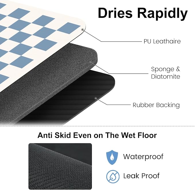 Clinuse Coffee Mats, 19"x12" Checkered Dish Drying Mat for Kitchen Counter, Quick Dry Mat, Diatomite Absorbent Aesthetic Large Drying Mats for Coffee Bar - Blue White