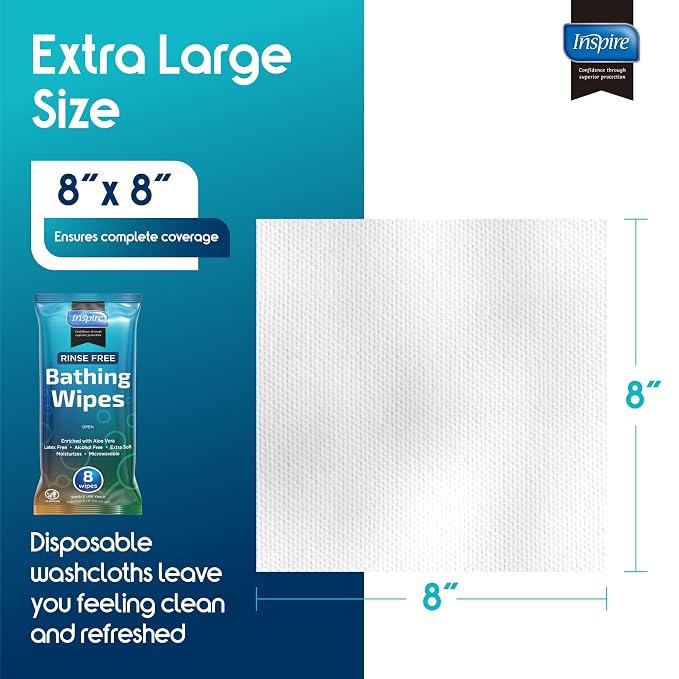 Body Wipes for adults bathing rinse free | Adult Wash Cloths Extra Large, Bathing Wipes for Incontinence, 8"x 8" In (48 count) | By Inspire