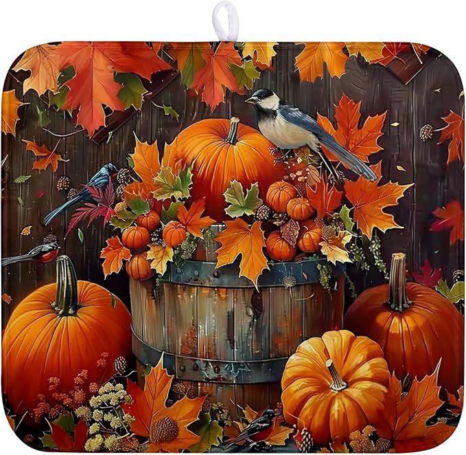 Fall Pumpkin Kitchen Drying Mat 16x18 Inch - Autumn Maple Leaves Bird Dish Mat for Kitchen Counter - Microfiber Absorbent Pad for Dishes, Coffee Bar