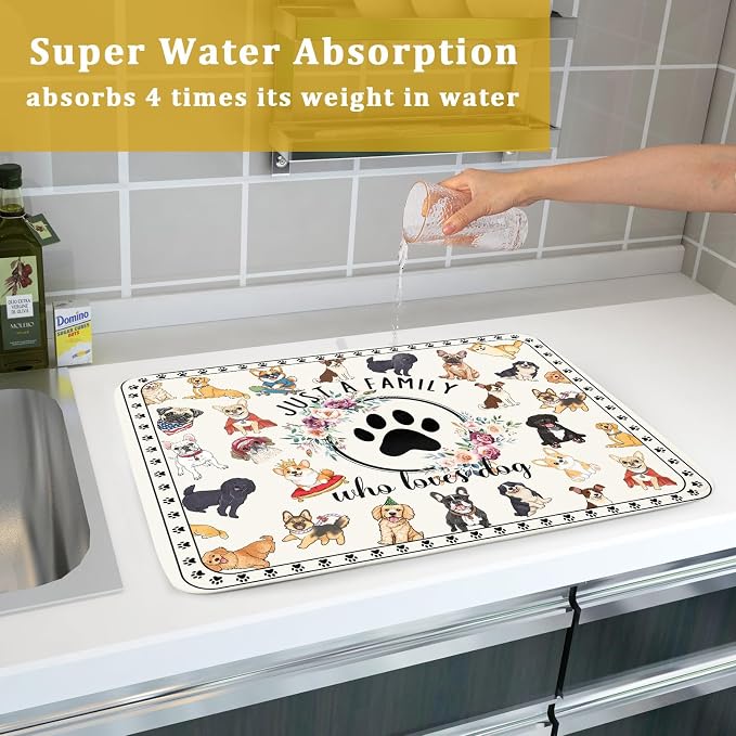 Dog Family Dish Drying Mat Cartoon Pet 18 X 24 in Absorbent Printed Drying Pad for Dog Lover