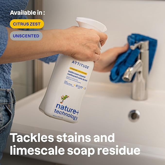 ATTITUDE Bathroom Cleaner Spray, EWG Verified, Plant-Based & Vegan, Safe for Bathroom Surfaces, Tiles, Tubs, Shower Walls, and Grout, Citrus Zest Scent, 27.1 Fl Oz (Pack of 3)
