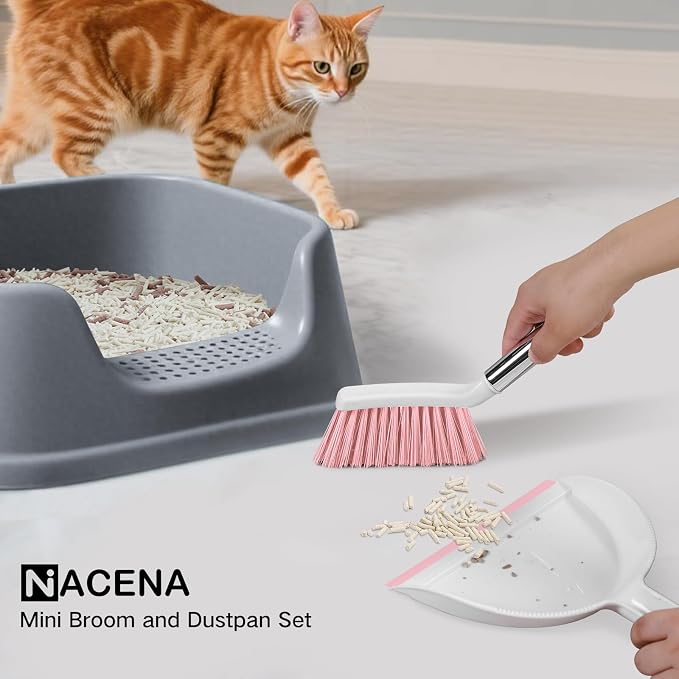 NACENA Mini Broom and Dustpan Set, Small Dust Pan and Brush Set,Pink | Dust Pan and Brush Set with Handle Dustpan Teeth for Cleaning Hair Suitable for Office Desks Drawers Sofas Outdoor Camping