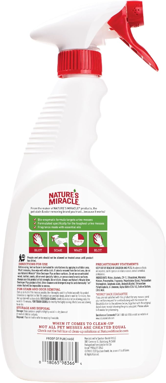 Nature's Miracle Dog Urine Destroyer Plus, Enzymatic Cleaner, 32 oz | Destroys the Toughest Dog Urine Stains, For Use on Multiple Surfaces, Safe For Pets and Home*, Fresh Scent