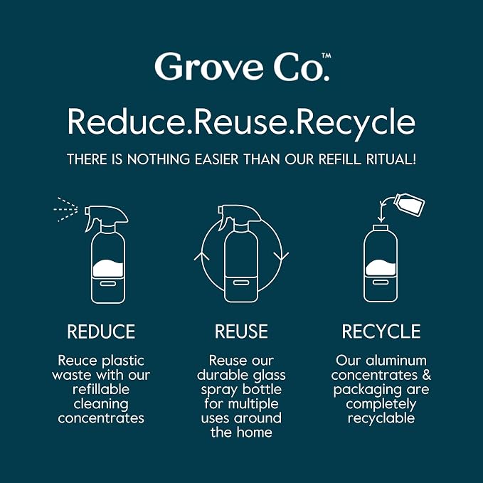Grove Co. Tub & Tile Cleaner Concentrate + 16 oz Glass Spray Bottle | Lemon & Eucalyptus; 2 x 1 fl oz Refills + Glass Bottle; Removes Soap Scum; No Plastic Waste; Plant-Based; No Harsh Chemicals