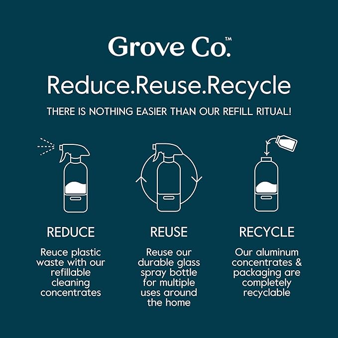 Grove Co. Tub & Tile Cleaner Concentrate + 16 oz Glass Spray Bottle | Orange & Rosemary; 2 x 1 fl oz Refills + Glass Bottle; Removes Soap Scum; No Plastic Waste; Plant-Based; No Harsh Chemicals