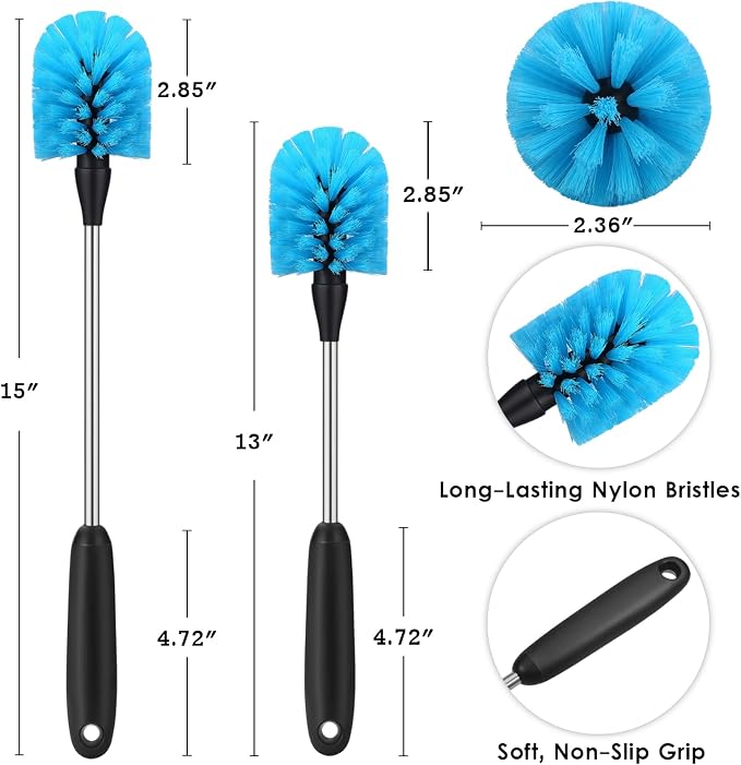 MOSOLAN Stainless Steel Water Bottle Brush, Long Handle Scrubbing Brush, Built for Cleaning Sport Bottles, Baby Bottles, Cups, Coffee Mugs, Glasswares, Wine Decanters, Flask, 2 Pack, 15 in