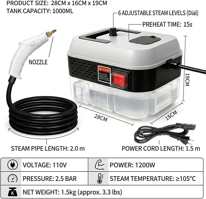 Foandbevi 1200W Handheld Steam Cleaner with 6 Adjustable Levels, 105℃ High-Pressure Portable Steam Cleaning Machine for Car Detailing, Tile Grout, Couch, Mattress, Bed & Home - 6 in 1 Attachments