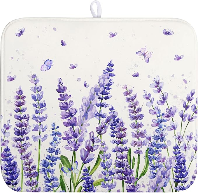 Purple Lavender Dish Drying Mat for Kitchen Counter Spring Summer Flower Floral Dishes Drainer Mats Absorbent Microfiber Dish Drying Pad Washable Dish Draining Mat Medium 16x18 Inch
