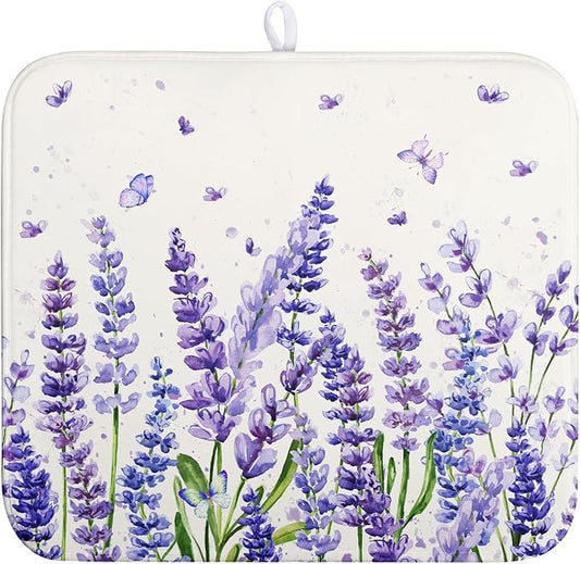 Purple Lavender Dish Drying Mat for Kitchen Counter Spring Summer Flower Floral Dishes Drainer Mats Absorbent Microfiber Dish Drying Pad Washable Dish Draining Mat Medium 16x18 Inch