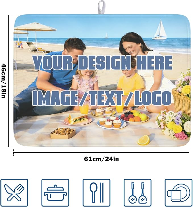 Custom Dish Drying Mat Design Your Photo Text Logo 18x24 Inch | Polyester，Absorbent Microfiber，for Kitchen Coffee Dining Bar Decor