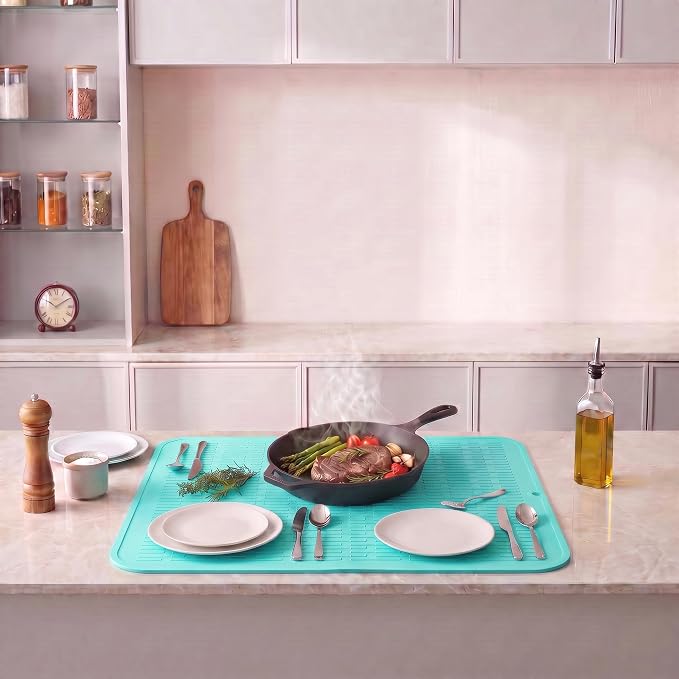 MicoYang Silicone Dish Drying Mat for Multiple Usage,Easy clean,Eco-friendly,Heat-resistant Silicone Mat for Kitchen Counter or Sink,Refrigerator or Drawer Liner Mint 4XL 32 inches x 18 inches