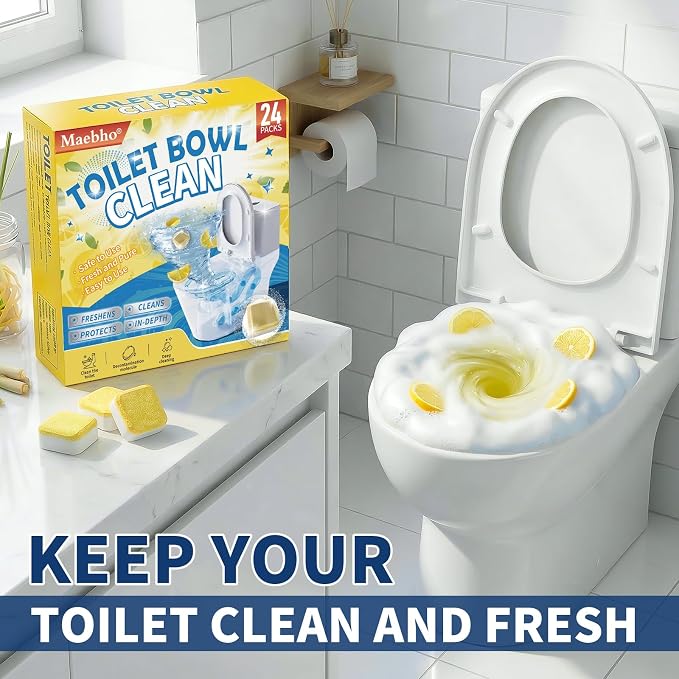 Toilet Bowl Cleaner Tablets – Lots of Foam Deodorizer & Septic Safe, Odor Eliminator, Stain Remover for Long-Lasting Freshness,No Harsh Chemicals,– Fresh Lemon Scent 24 Pack