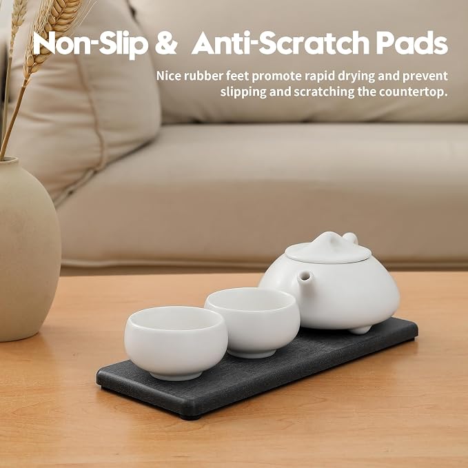Razborci 2PCS Bathroom Trays, Water Absorbing Diatomite Stone Quick Drying Mat for Kitchen Counter, Dish Rack Soap Dispenser Sponge Holder Caddy Sink Vanity Organizer, Dark Gray Slate,9"x3.5"