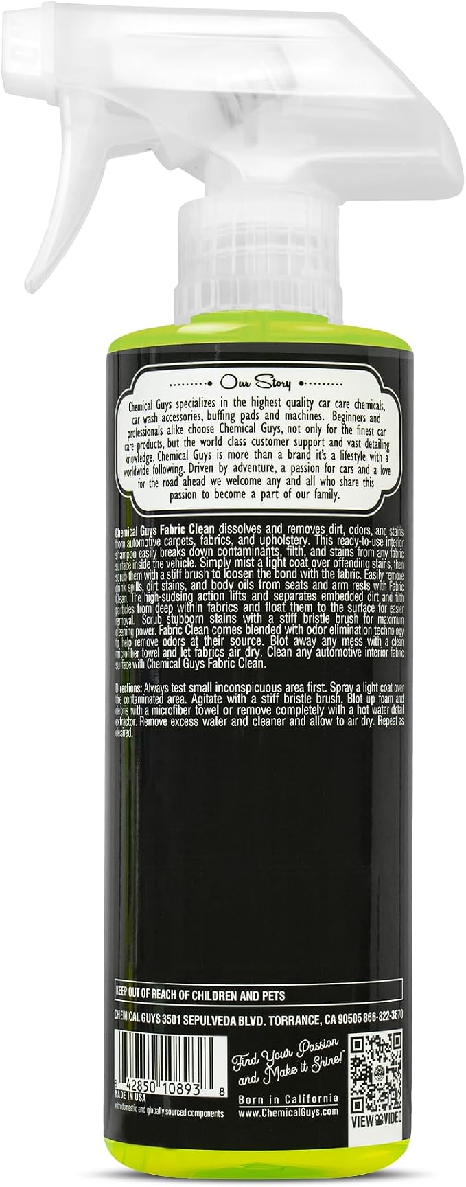 Chemical Guys, Citrus Fabric & Carpet Cleaner, Ready-to-Use Spray, 16 oz | Ready-to-use foaming spray lifts stains and odors from car seats, carpet and floor mats, safe on most fabrics