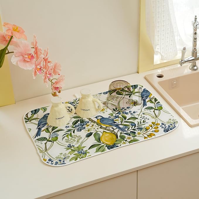 Sage Green Blue Bird Floral Dish Drying Mats 18x24 Inch Vintage Botanical Yellow Lemon Flower Decorative Kitchen Decor Absorbent Drying Pad Rack Drainer Mats for Kitchen Dining Room Counter