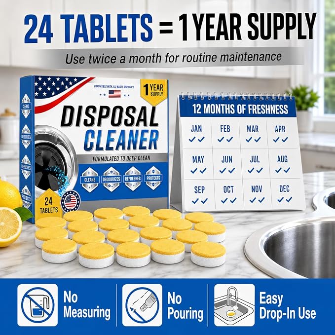 Garbage Disposal Cleaner Deodorizer Tablets, XL Citrus Foaming Tablet for Kitchen Sink Residues Freshener, Drain Cleaner & Odor Eliminator, Septic Safe Kitchen Disposal Care, 24 Pack for 1 Year Supply