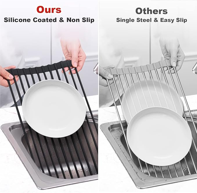 MERRYBOX Roll Up Over The Sink Dish Drying Rack Silicone Wrapped Foldable, Heat-Resistant, Anti-Slip Sink Rack Multipurpose Dish Drainer for Kitchen Sink Counter - Black, 17.5" x 11"