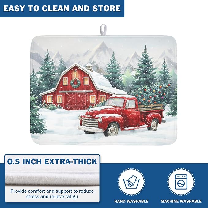 Winter Snowscape Dish Drying Mat for Kitchen Counter Christmas Red Truck Trees Dish Drainer Mat Xmas Holiday Rustic Farmhouse Absorbent Washable Drying Pad 18"x24"