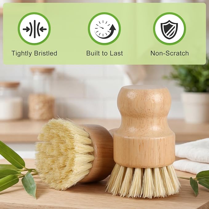 4 Pack Bamboo Dish Brush Set, Natural Kitchen Scrub Brush with Sisal Bristles, Wooden Dish Scrubber for Cleaning Dishes, Pots, Vegetables and Sink