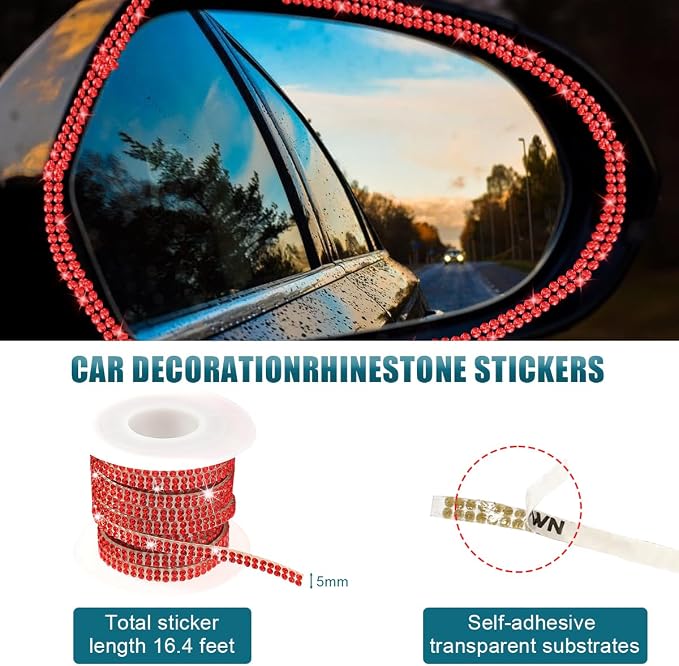 Ohleats Bling Car Trim Self Adhesive, 16.4 Ft Auto Interior Exterior Crystal Rhinestone Decoration Strip Decal, Glitter Trim Strips Line Molding for Dashboard, Car Accessories (Red)