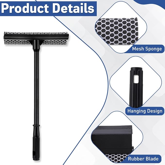 Zhengmy 2 Pcs 15.8" Window Squeegee with Long Handle for Car, 2 in 1 Car Window Cleaning Tool, Sponge Squeegee Windshield for Gas Station, Home, Auto, Glass, Shower, Outdoor High Windows Cleaning