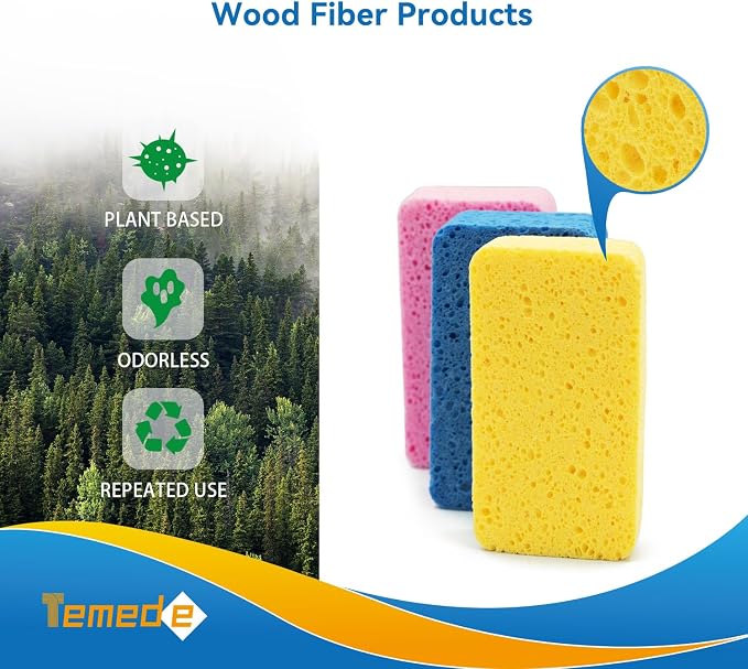 Temede Large Cellulose Sponges, Thick Absorbent Kitchen Sponges, 5-Pack | 5.5" x 3" x 1.2" (Expand), Soft Dish Sponge, Heavy Duty Scrub Sponges, Non-Scratch Cookware, Household, Compressed Packaging